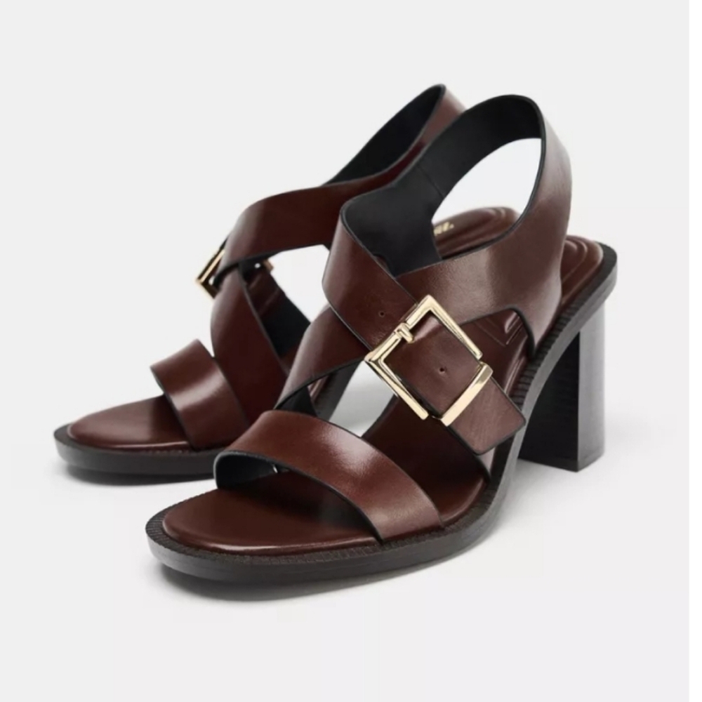 Zara Brown Leather Buckled Heeled Sandals Sz-11